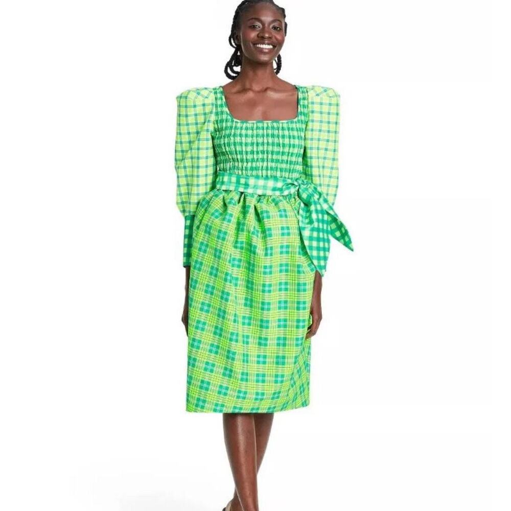 Christopher John Rogers Target Green Plaid Smocked Dress Size 0 NWT No Tie Waist